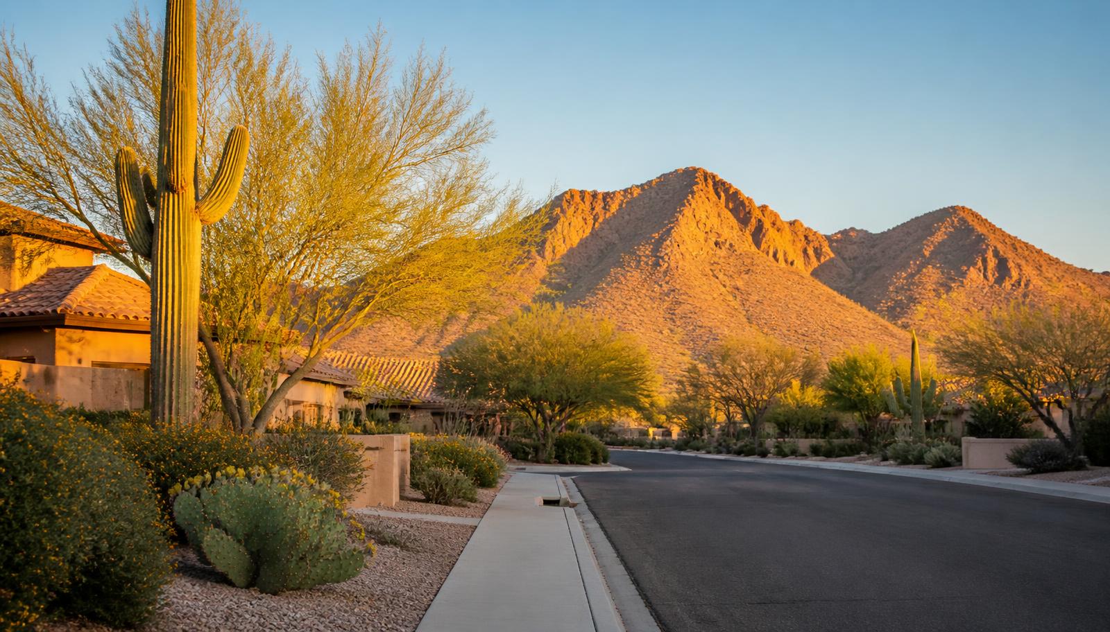 A quiet Scottsdale residential street at sunrise with desert landscaping and mountains beyond