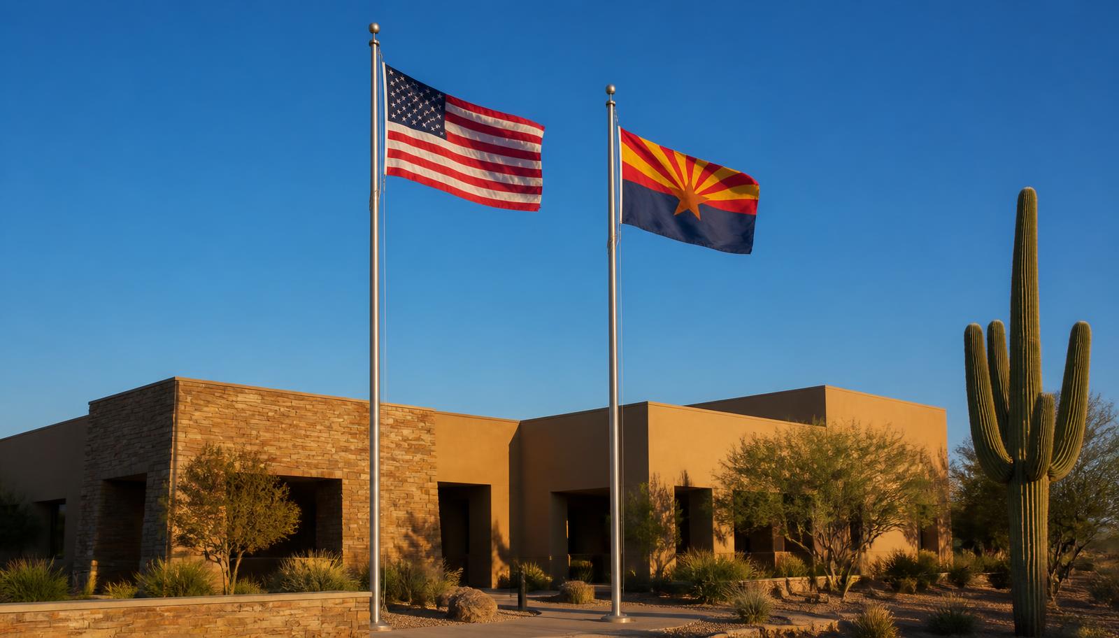 American and Arizona flags flying outside a southwestern civic building at golden hour