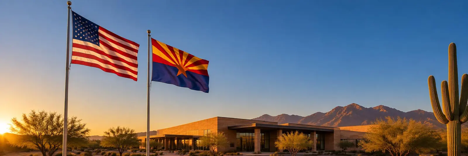 American and Arizona flags flying outside a southwestern civic building at golden hour