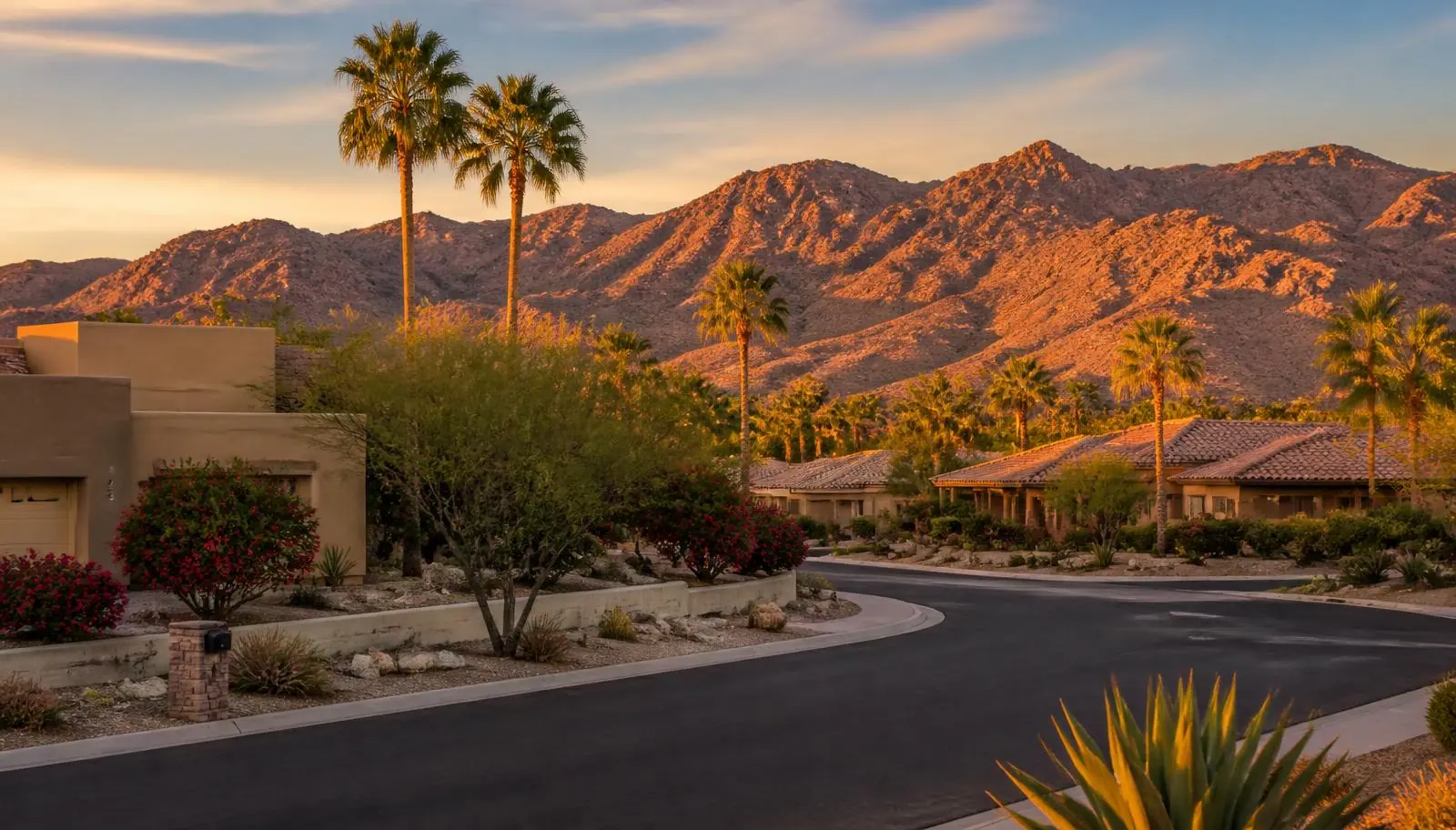 A Scottsdale neighborhood at sunset with the McDowell Mountains in the background